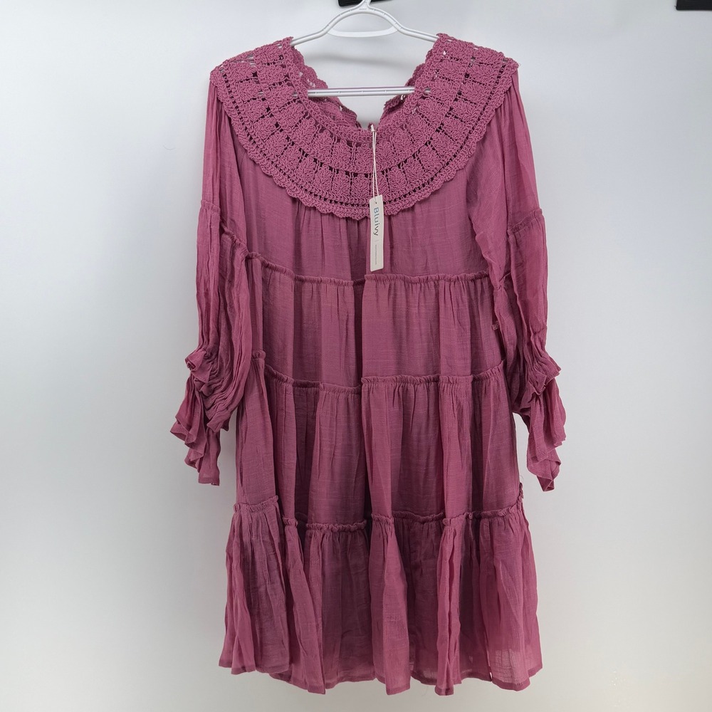 Bluivy Mini Dress Women Medium Mauve Crochet Lace Tiered Boho Babydoll Victorian